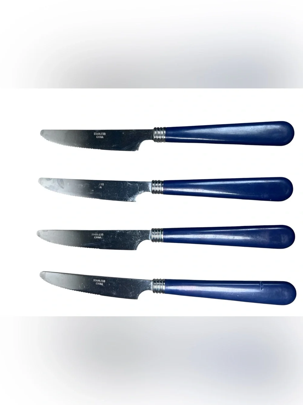 Gibson VTG Blue Plastic Handle 4 Dinner / Butter Knife Stainless Flatware Retro
